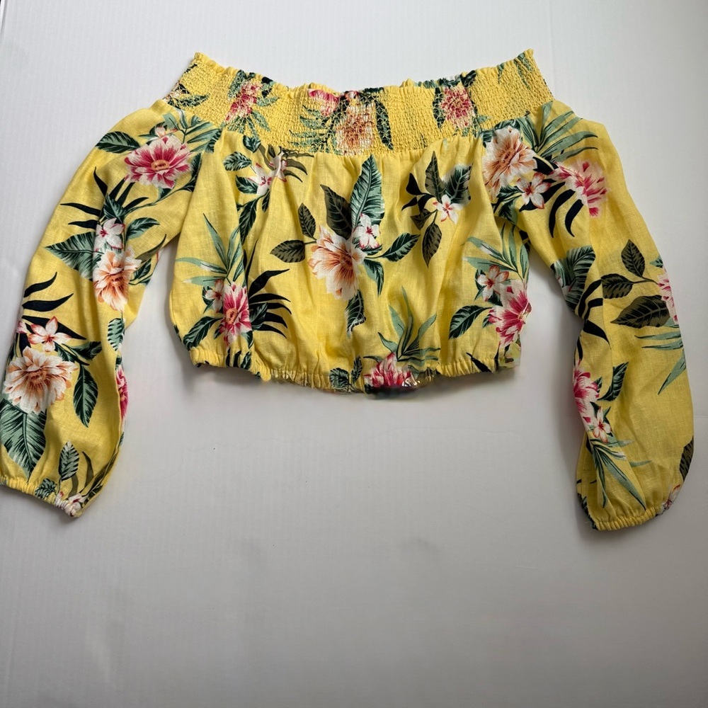 Guess Los Angeles Floral Off Shoulder Crop Top Smocked Yellow Size L NWT